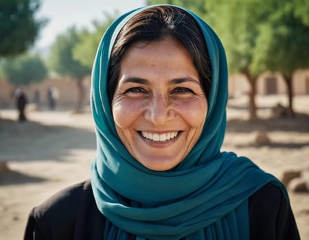 A joyful woman 45 years old from Afghanistan displays a bright smile while wearing traditional clothing. She stands confidently, embodying a sense of peace in her rural community. Generative AI.
