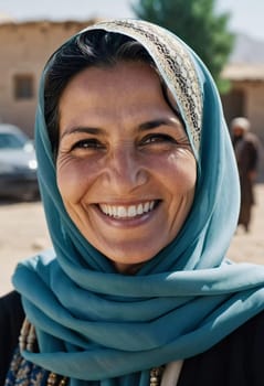 A joyful woman 45 years old from Afghanistan displays a bright smile while wearing traditional clothing. She stands confidently, embodying a sense of peace in her rural community. Generative AI.