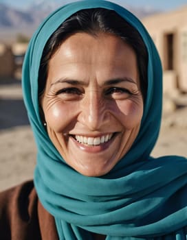 A joyful woman 45 years old from Afghanistan displays a bright smile while wearing traditional clothing. She stands confidently, embodying a sense of peace in her rural community. Generative AI.