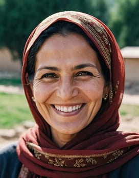 A joyful woman 45 years old from Afghanistan displays a bright smile while wearing traditional clothing. She stands confidently, embodying a sense of peace in her rural community. Generative AI.