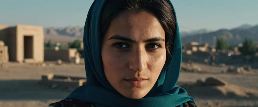 Young woman 25 years old, draped in a beautifully patterned scarf, appears contemplative at a community gathering in Afghanistan. Her expression reflects a mix of strength and serenity. Generative AI.