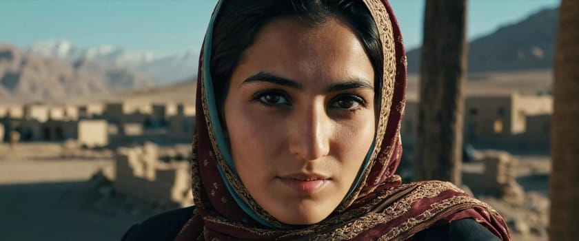 Young woman 25 years old, draped in a beautifully patterned scarf, appears contemplative at a community gathering in Afghanistan. Her expression reflects a mix of strength and serenity. Generative AI.