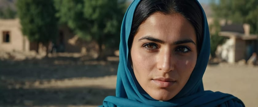 Young woman 25 years old, draped in a beautifully patterned scarf, appears contemplative at a community gathering in Afghanistan. Her expression reflects a mix of strength and serenity. Generative AI.