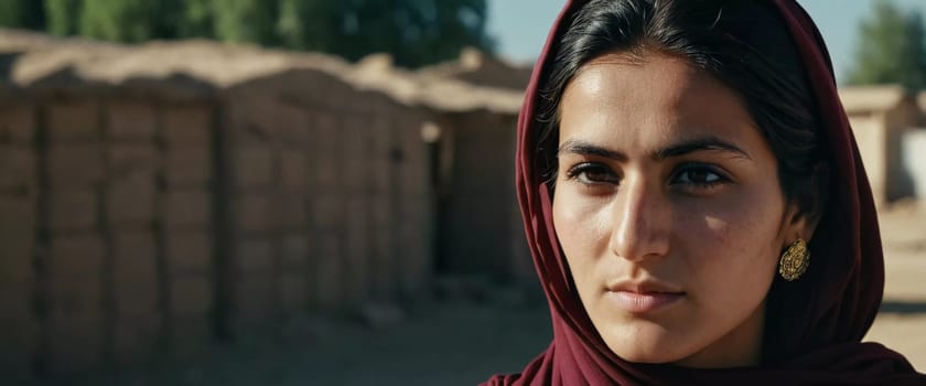 Young woman 25 years old, draped in a beautifully patterned scarf, appears contemplative at a community gathering in Afghanistan. Her expression reflects a mix of strength and serenity. Generative AI.
