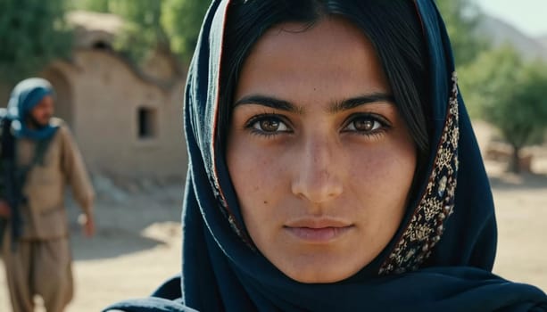 Young woman 25 years old, draped in a beautifully patterned scarf, appears contemplative at a community gathering in Afghanistan. Her expression reflects a mix of strength and serenity. Generative AI.