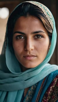 Young woman 25 years old, draped in a beautifully patterned scarf, appears contemplative at a community gathering in Afghanistan. Her expression reflects a mix of strength and serenity. Generative AI.