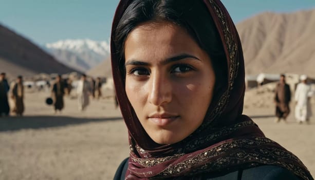 Young woman 25 years old, draped in a beautifully patterned scarf, appears contemplative at a community gathering in Afghanistan. Her expression reflects a mix of strength and serenity. Generative AI.