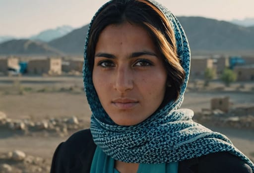 Young woman 25 years old, draped in a beautifully patterned scarf, appears contemplative at a community gathering in Afghanistan. Her expression reflects a mix of strength and serenity. Generative AI.