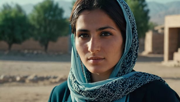 Young woman 25 years old, draped in a beautifully patterned scarf, appears contemplative at a community gathering in Afghanistan. Her expression reflects a mix of strength and serenity. Generative AI.