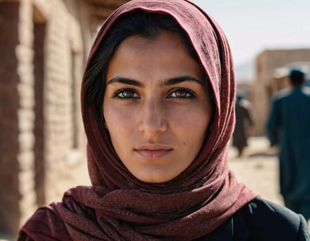 Young woman 25 years old, draped in a beautifully patterned scarf, appears contemplative at a community gathering in Afghanistan. Her expression reflects a mix of strength and serenity. Generative AI.