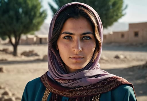Young woman 25 years old, draped in a beautifully patterned scarf, appears contemplative at a community gathering in Afghanistan. Her expression reflects a mix of strength and serenity. Generative AI.