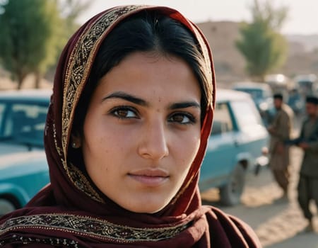 Young woman 25 years old, draped in a beautifully patterned scarf, appears contemplative at a community gathering in Afghanistan. Her expression reflects a mix of strength and serenity. Generative AI.