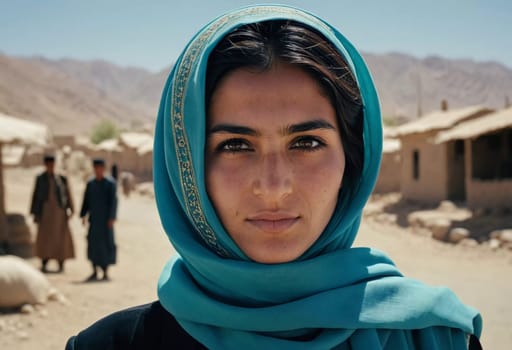 Young woman 25 years old, draped in a beautifully patterned scarf, appears contemplative at a community gathering in Afghanistan. Her expression reflects a mix of strength and serenity. Generative AI.