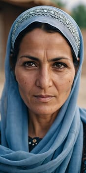 A woman 45 years old in Afghanistan stands confidently, wearing a beautifully patterned scarf. The mountainous landscape emphasizes her strength and connection to her heritage. Generative AI.