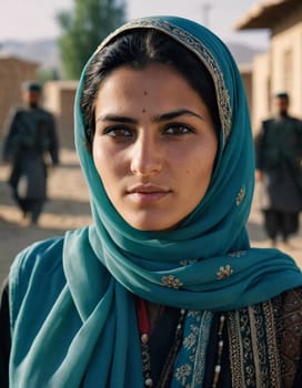Young woman 25 years old, draped in a beautifully patterned scarf, appears contemplative at a community gathering in Afghanistan. Her expression reflects a mix of strength and serenity. Generative AI.