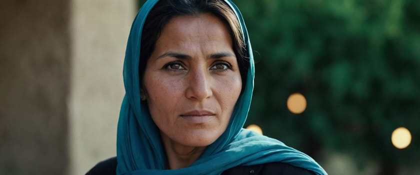 A woman 45 years old in Afghanistan stands confidently, wearing a beautifully patterned scarf. The mountainous landscape emphasizes her strength and connection to her heritage. Generative AI.