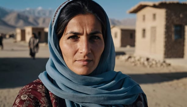 A woman 45 years old in Afghanistan stands confidently, wearing a beautifully patterned scarf. The mountainous landscape emphasizes her strength and connection to her heritage. Generative AI.