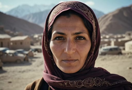 A woman 45 years old in Afghanistan stands confidently, wearing a beautifully patterned scarf. The mountainous landscape emphasizes her strength and connection to her heritage. Generative AI.