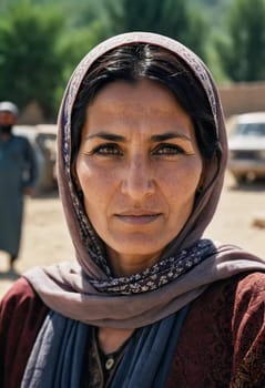 A woman 45 years old in Afghanistan stands confidently, wearing a beautifully patterned scarf. The mountainous landscape emphasizes her strength and connection to her heritage. Generative AI.