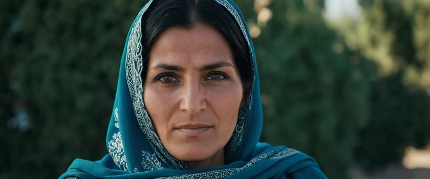 A woman 45 years old in Afghanistan stands confidently, wearing a beautifully patterned scarf. The mountainous landscape emphasizes her strength and connection to her heritage. Generative AI.