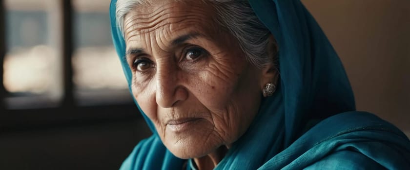 The elderly Afghanistan woman 75 years old gazes thoughtfully into the distance, her face marked by life experiences. She wears a traditional headscarf, set against a rustic background. Generative AI.