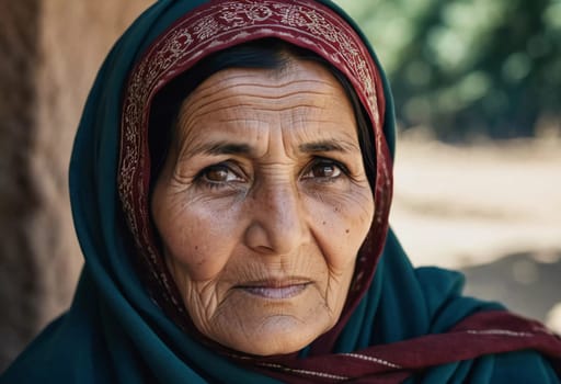 The elderly Afghanistan woman 75 years old gazes thoughtfully into the distance, her face marked by life experiences. She wears a traditional headscarf, set against a rustic background. Generative AI.
