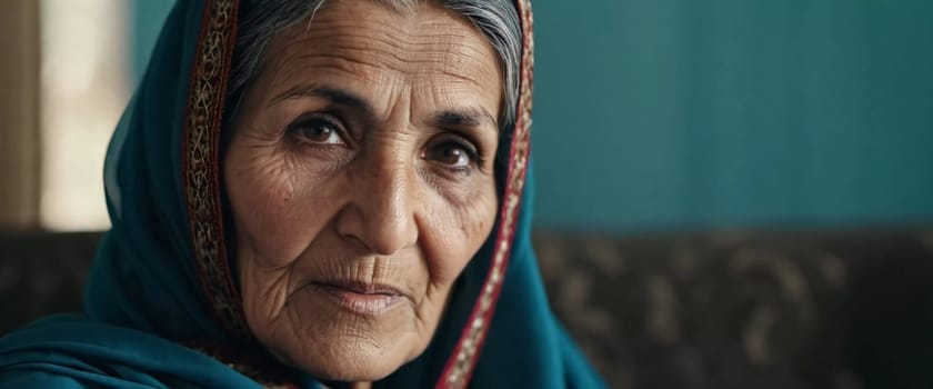 The elderly Afghanistan woman 75 years old gazes thoughtfully into the distance, her face marked by life experiences. She wears a traditional headscarf, set against a rustic background. Generative AI.