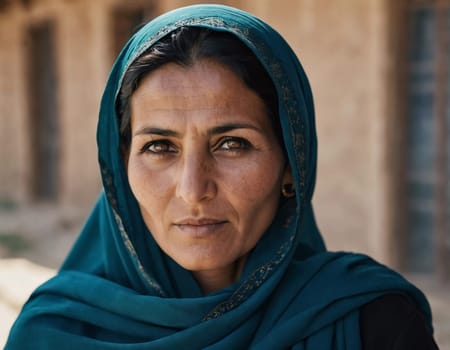 A woman 45 years old in Afghanistan stands confidently, wearing a beautifully patterned scarf. The mountainous landscape emphasizes her strength and connection to her heritage. Generative AI.