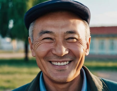 A man 50 years old with a genuine smile stands outside in a lively area showcasing a friendly demeanor and enjoying the beautiful day among vibrant surroundings. A resident of Kazakhstan. AI generate.