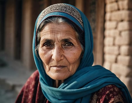 The elderly Afghanistan woman 75 years old gazes thoughtfully into the distance, her face marked by life experiences. She wears a traditional headscarf, set against a rustic background. Generative AI.