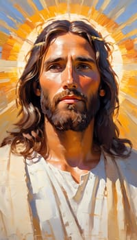 Close-Up Portrait of a Man Dressed as Jesus. White robe. Long brown hair and beard. Man appears to be in his early 30s, and he has a serious expression on his face. Christian religion and faith. AI.