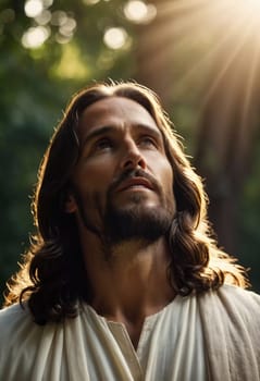 Close-Up Portrait of a Man Dressed as Jesus. White robe. Long brown hair and beard. Man appears to be in his early 30s, and he has a serious expression on his face. Christian religion and faith. AI.