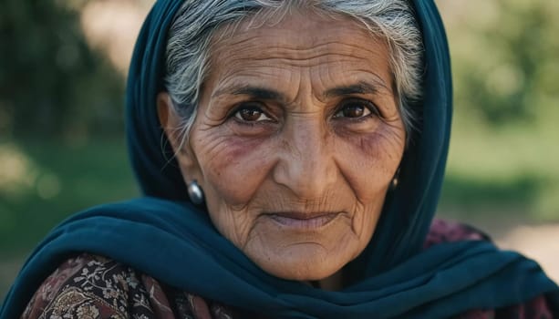 The elderly Afghanistan woman 75 years old gazes thoughtfully into the distance, her face marked by life experiences. She wears a traditional headscarf, set against a rustic background. Generative AI.