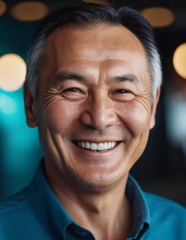 A man 50 years old with a genuine smile stands outside in a lively area showcasing a friendly demeanor and enjoying the beautiful day among vibrant surroundings. A resident of Kazakhstan. AI generate.