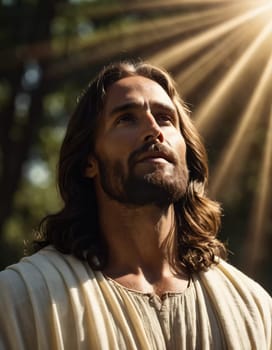Close-Up Portrait of a Man Dressed as Jesus. White robe. Long brown hair and beard. Man appears to be in his early 30s, and he has a serious expression on his face. Christian religion and faith. AI.
