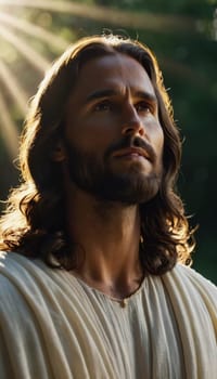 Close-Up Portrait of a Man Dressed as Jesus. White robe. Long brown hair and beard. Man appears to be in his early 30s, and he has a serious expression on his face. Christian religion and faith. AI.