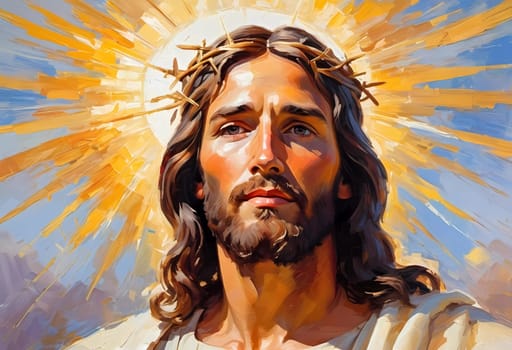 Close-Up Portrait of a Man Dressed as Jesus. White robe. Long brown hair and beard. Man appears to be in his early 30s, and he has a serious expression on his face. Christian religion and faith. AI.