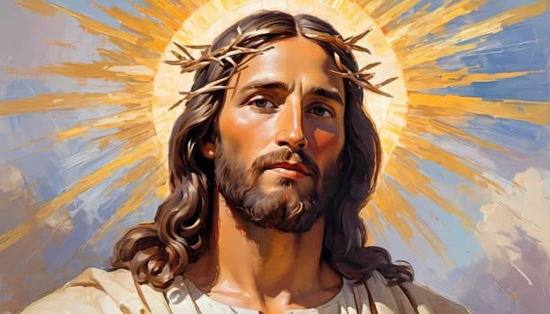 Close-Up Portrait of a Man Dressed as Jesus. White robe. Long brown hair and beard. Man appears to be in his early 30s, and he has a serious expression on his face. Christian religion and faith. AI.