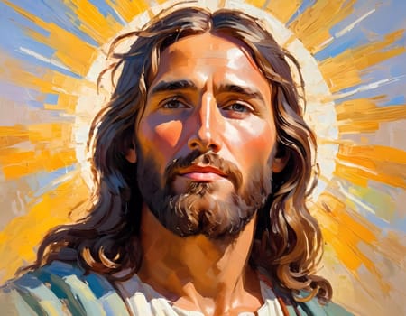 Close-Up Portrait of a Man Dressed as Jesus. White robe. Long brown hair and beard. Man appears to be in his early 30s, and he has a serious expression on his face. Christian religion and faith. AI.