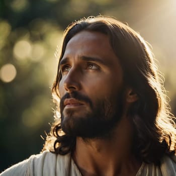 Close-Up Portrait of a Man Dressed as Jesus. White robe. Long brown hair and beard. Man appears to be in his early 30s, and he has a serious expression on his face. Christian religion and faith. AI.