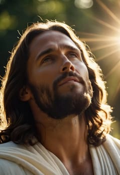 Close-Up Portrait of a Man Dressed as Jesus. White robe. Long brown hair and beard. Man appears to be in his early 30s, and he has a serious expression on his face. Christian religion and faith. AI.