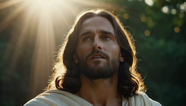 Close-Up Portrait of a Man Dressed as Jesus. White robe. Long brown hair and beard. Man appears to be in his early 30s, and he has a serious expression on his face. Christian religion and faith. AI.