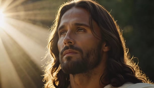 Close-Up Portrait of a Man Dressed as Jesus. White robe. Long brown hair and beard. Man appears to be in his early 30s, and he has a serious expression on his face. Christian religion and faith. AI.