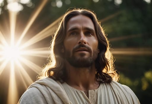 Close-Up Portrait of a Man Dressed as Jesus. White robe. Long brown hair and beard. Man appears to be in his early 30s, and he has a serious expression on his face. Christian religion and faith. AI.