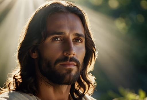 Close-Up Portrait of a Man Dressed as Jesus. White robe. Long brown hair and beard. Man appears to be in his early 30s, and he has a serious expression on his face. Christian religion and faith. AI.
