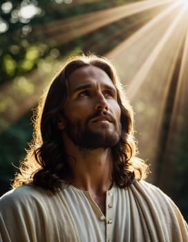 Close-Up Portrait of a Man Dressed as Jesus. White robe. Long brown hair and beard. Man appears to be in his early 30s, and he has a serious expression on his face. Christian religion and faith. AI.