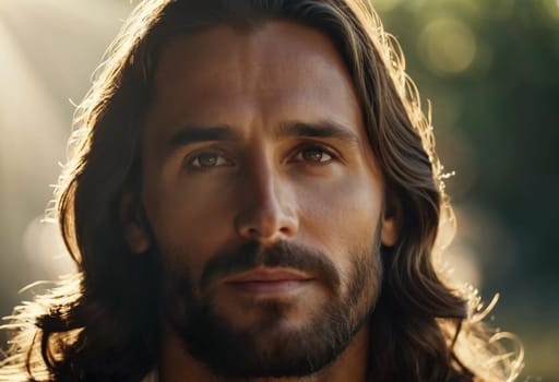 Close-Up Portrait of a Man Dressed as Jesus. White robe. Long brown hair and beard. Man appears to be in his early 30s, and he has a serious expression on his face. Christian religion and faith. AI.