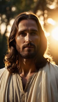 Close-Up Portrait of a Man Dressed as Jesus. White robe. Long brown hair and beard. Man appears to be in his early 30s, and he has a serious expression on his face. Christian religion and faith. AI.