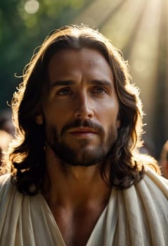 Close-Up Portrait of a Man Dressed as Jesus. White robe. Long brown hair and beard. Man appears to be in his early 30s, and he has a serious expression on his face. Christian religion and faith. AI.