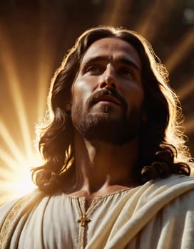 Close-Up Portrait of a Man Dressed as Jesus. White robe. Long brown hair and beard. Man appears to be in his early 30s, and he has a serious expression on his face. Christian religion and faith. AI.